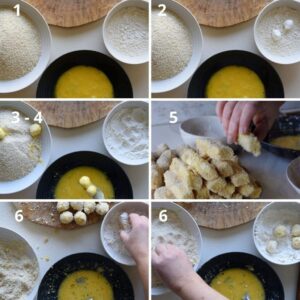 Bâtonnets et boules de mozzarella frits - Disposez la farine, les œufs battus et la chapelure dans trois bols séparés