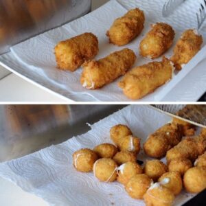 Bâtonnets et boules de mozzarella frits - Déposez-les sur du papier absorbant afin d'éliminer l'excès d'huile
