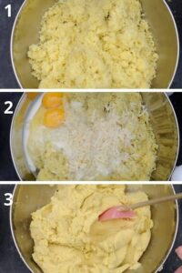 Gâteau de purée de pommes de terre à l’italienne (Gatto’) - Ajoutez à la purée la béchamel, les œufs et le parmesan, râpé