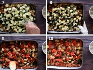 Giambotta ou Ciambotta, ragoût de légumes italien - Ajoutez les courgettes, coupées, puis assaisonnez avec du sel et un peu d'huile d'olive extra vierge