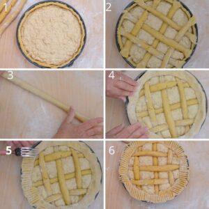 Pastiera Napoletana crémeuse (Tarte de Pâques à la ricotta) - Recouvrez avec les bandes de pâte en formant un motif entrecroisé, puis retirez l'excédent sur les bords