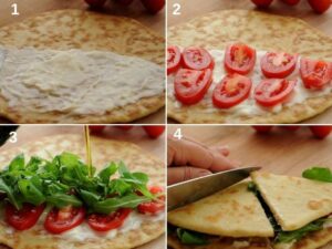 Recette Authentique de Piadina – Pain Plat Italien - Pour la garniture : Étalez le fromage sur la moitié de la piadina, ajoutez des tranches de tomate, une tranche de prosciutto, recouvrez de roquette, assaisonnez avec du sel et de l'huile d'olive extra vierge