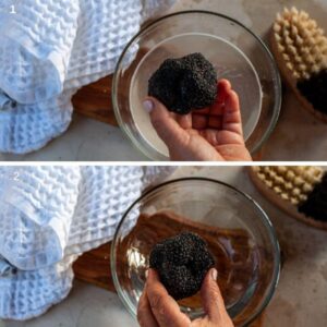 Recette Facile de Tagliatelles Fraîches à la Truffe Noire - Pour nettoyer la truffe, immergez-la dans un bol d'eau tiède, puis brossez délicatement la terre avec une brosse à légumes