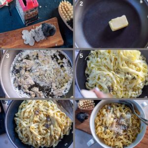 Recette Facile de Tagliatelles Fraîches à la Truffe Noire - Ajoutez la truffe, râpée, dans la poêle et faites-la revenir quelques instants dans le beurre