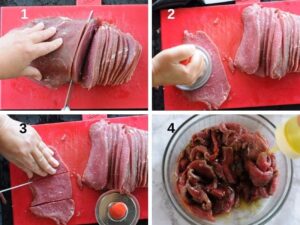 Recette de Spiedini Siciliens – Bœuf, Poulet, Poisson ou Légumes - Aplatissez chaque tranche à l'aide d'un attendrisseur à viande jusqu'à obtenir une épaisseur uniforme, puis coupez-les en longues lanières