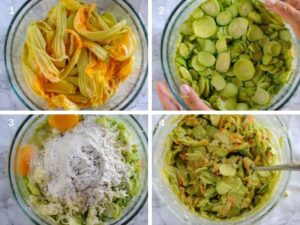 Recette de beignets de courgettes italiens avec fleurs de courgette - Mélangez les fleurs et les courgettes avec les autres ingrédients.