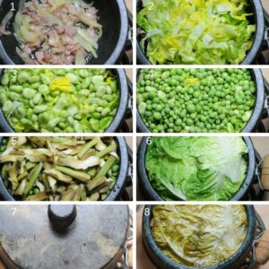 Recette de fèves italiennes fraîches (Minestra de fèves) - Dans une casserole, faites revenir l'oignon et le bacon