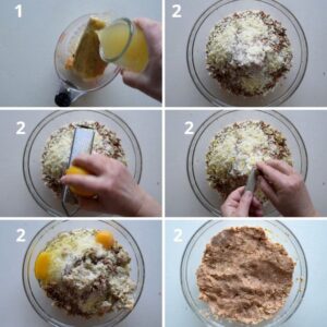 Recette d'olives farcies frites (Olive Ascolane authentiques) - Mélangez tous les ingrédients de la farce jusqu'à obtenir une préparation homogène