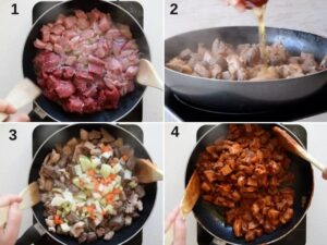 Recette d'olives farcies frites (Olive Ascolane authentiques) - Faites revenir la viande de poulet, de porc et de bœuf, coupée, avec le beurre dans une poêle