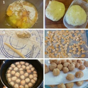 Recette traditionnelle de Struffoli au Cognac - Préparez la poêle et chauffez l'huile, puis faites frire les struffoli jusqu'à ce qu'ils soient dorés en les retournant pour une cuisson uniforme