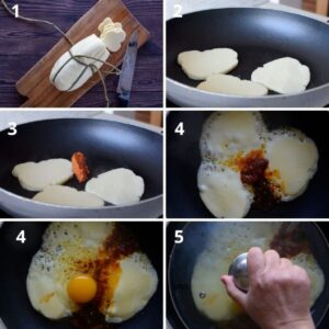 Recettes de Provola et Nduja pour le déjeuner - Couvrez la poêle et laissez cuire jusqu'à ce que l'œuf soit cuit selon votre préférence, mollet ou dur
