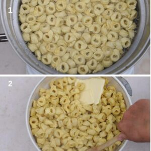 Soufflé de Tortellini au Fromage à l'Italienne, Gratiné - Faites précuire les tortellini dans une casserole d'eau bouillante salée, puis retirez-les quelques minutes avant la fin du temps de cuisson indiqué sur l'emballage
