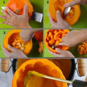 Soupe de potiron rôti aux fleurs comestibles - Avec un grand couteau, coupez le dessus du potiron