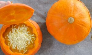 Soupe de potiron rôti aux fleurs comestibles - Parsemez de gruyère, râpé