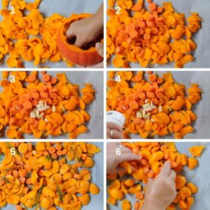 Soupe de potiron rôti aux fleurs comestibles - Mélangez bien tous les ingrédients avec vos mains pour répartir les saveurs
