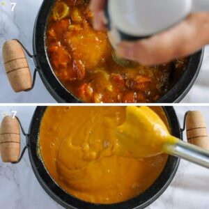 Soupe de potiron rôti aux fleurs comestibles - Mixez la soupe jusqu'à obtenir une texture lisse