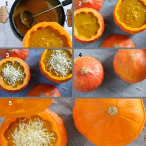 Soupe de potiron rôti aux fleurs comestibles - Couvrez avec les dessus des potirons et enfournez à 180 °C