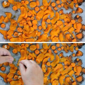 Soupe de potiron rôti aux fleurs comestibles - Une fois la cuisson terminée, retirez les tiges de thym mais laissez le thym sur le potiron