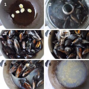 Chowder de fruits de mer en bol de pain - Cuisson des moules au vin