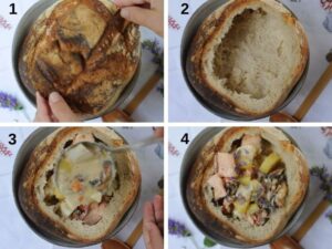 Chowder de fruits de mer en bol de pain - Remplir le pain de chowder