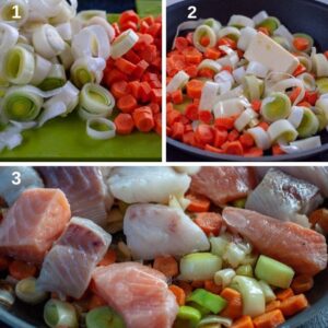 Gratin de cabillaud, saumon, noix de Saint-Jacques et crevettes - Faire revenir les légumes au beurre