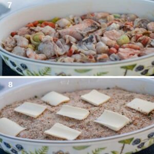 Gratin de cabillaud, saumon, noix de Saint-Jacques et crevettes - Garnir de chapelure et beurre