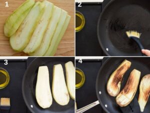 Pâtes anelletti aux aubergines au four - Grillez les tranches d'aubergine