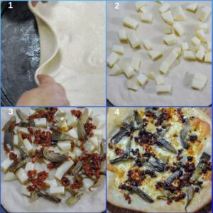 Pizza aux artichauts, tomates séchées et scamorza - Garnir la pizza d'ingrédients