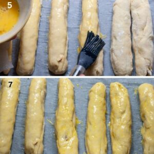 Roulés de saucisse en pâte briochée - badigeonner les roulés de dorure